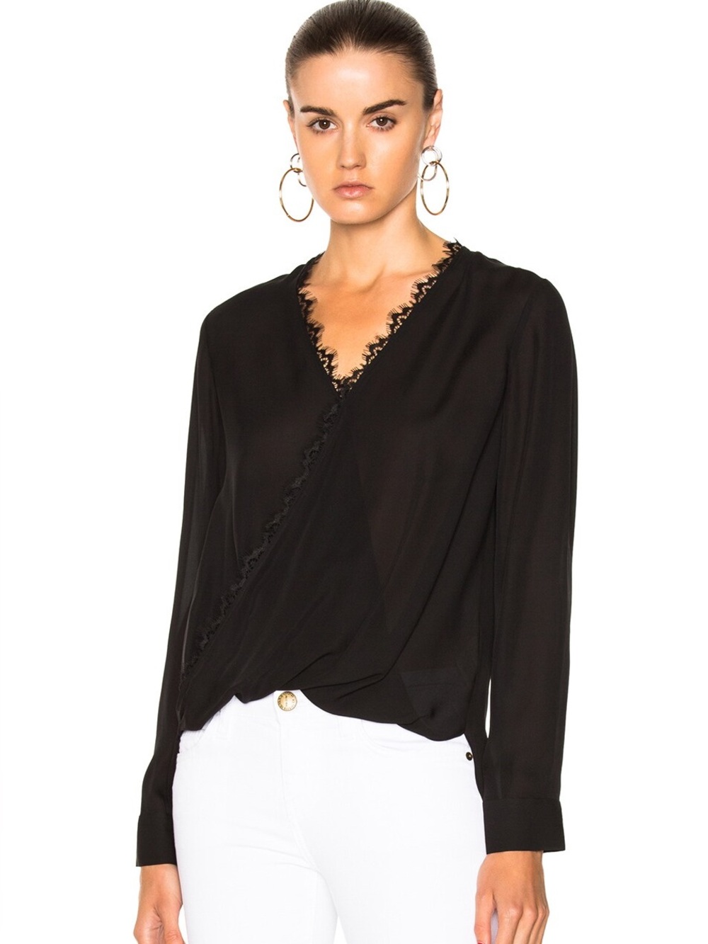 L'AGENCE Rosario Top Black 100% Silk Wrap Blouse Lace Trim V-Neck small classic